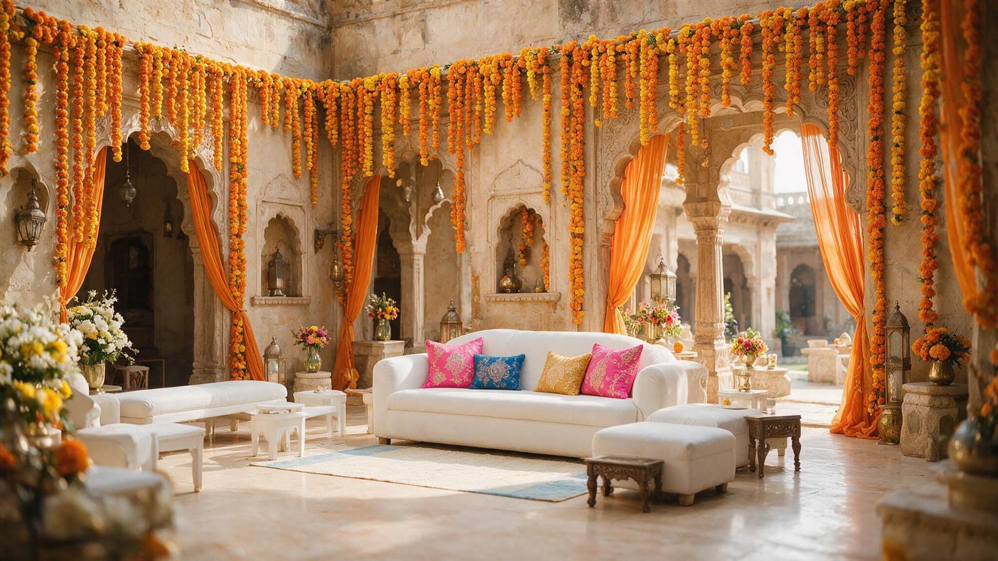 Mehendi courtyard seating with marigold garlands